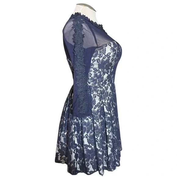Chi Chi London Navy Lace Illusion Neck Long Sleeve Pleated Fit Flare Dress